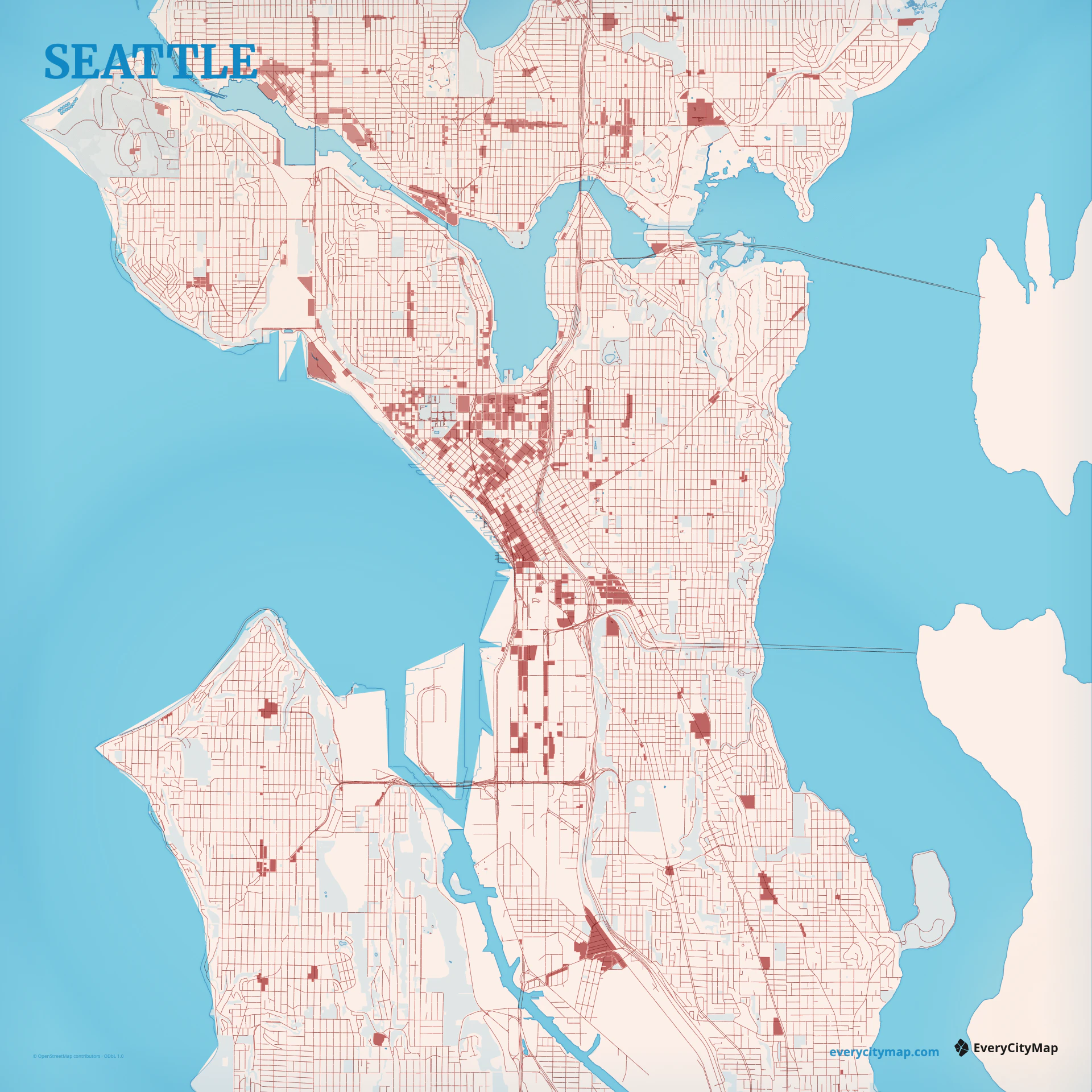 Seattle map showing Puget Sound, Lake Washington, hills, bridges, and rotating street grids