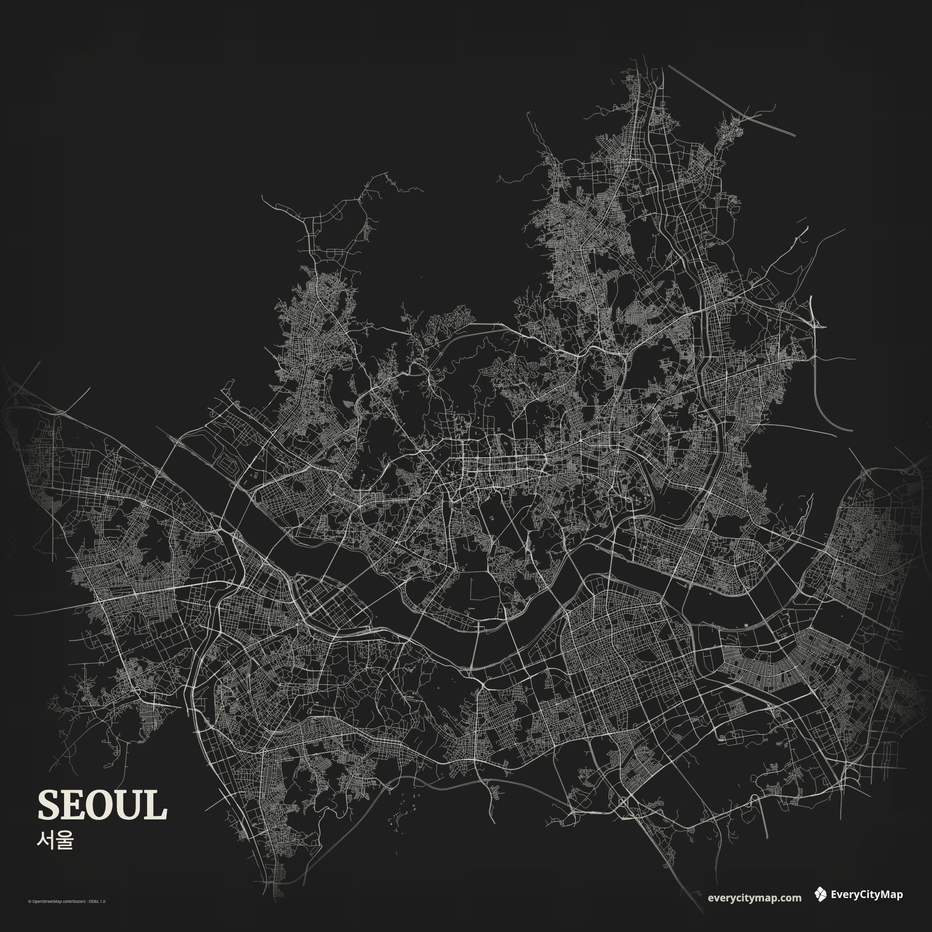 Seoul map with the Han River, bridges, mountains, and dense roads
