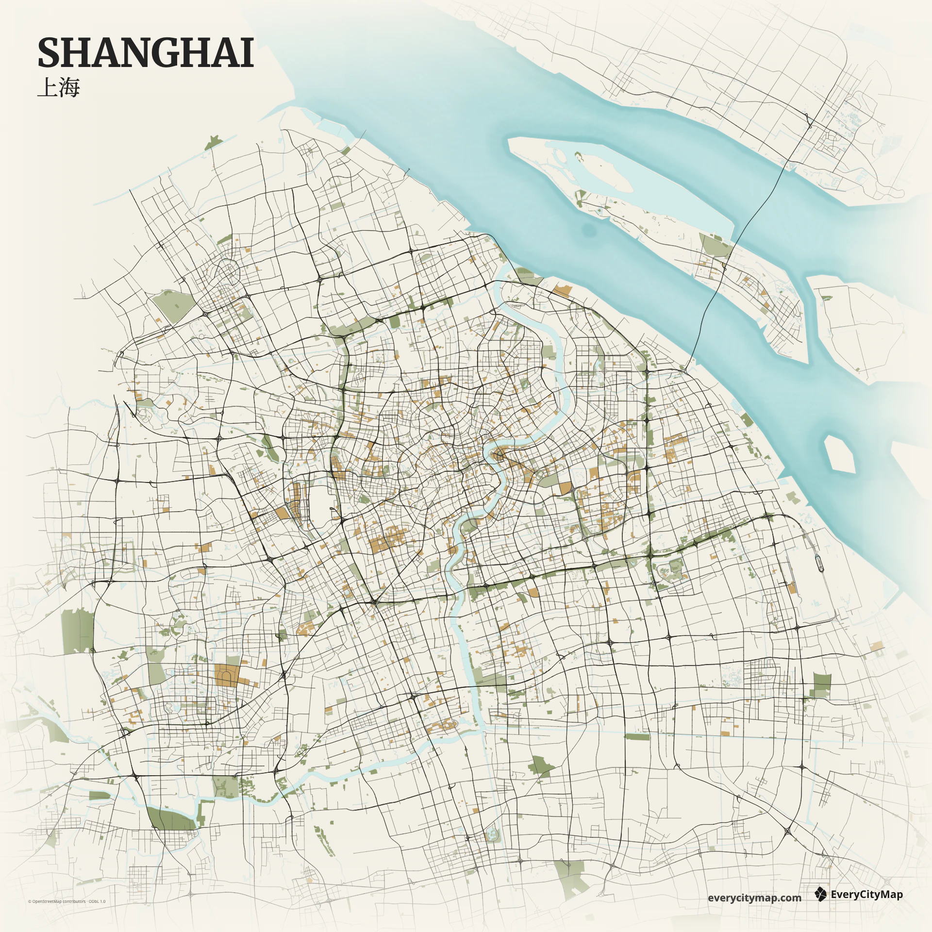 Shanghai map with the Huangpu River dividing Pudong and Puxi