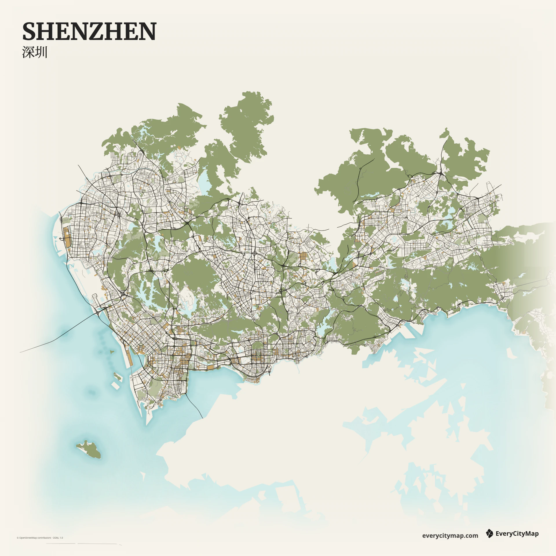 Shenzhen map showing coastal bays, mountain gaps, district grids, reservoirs, and east-west expressways