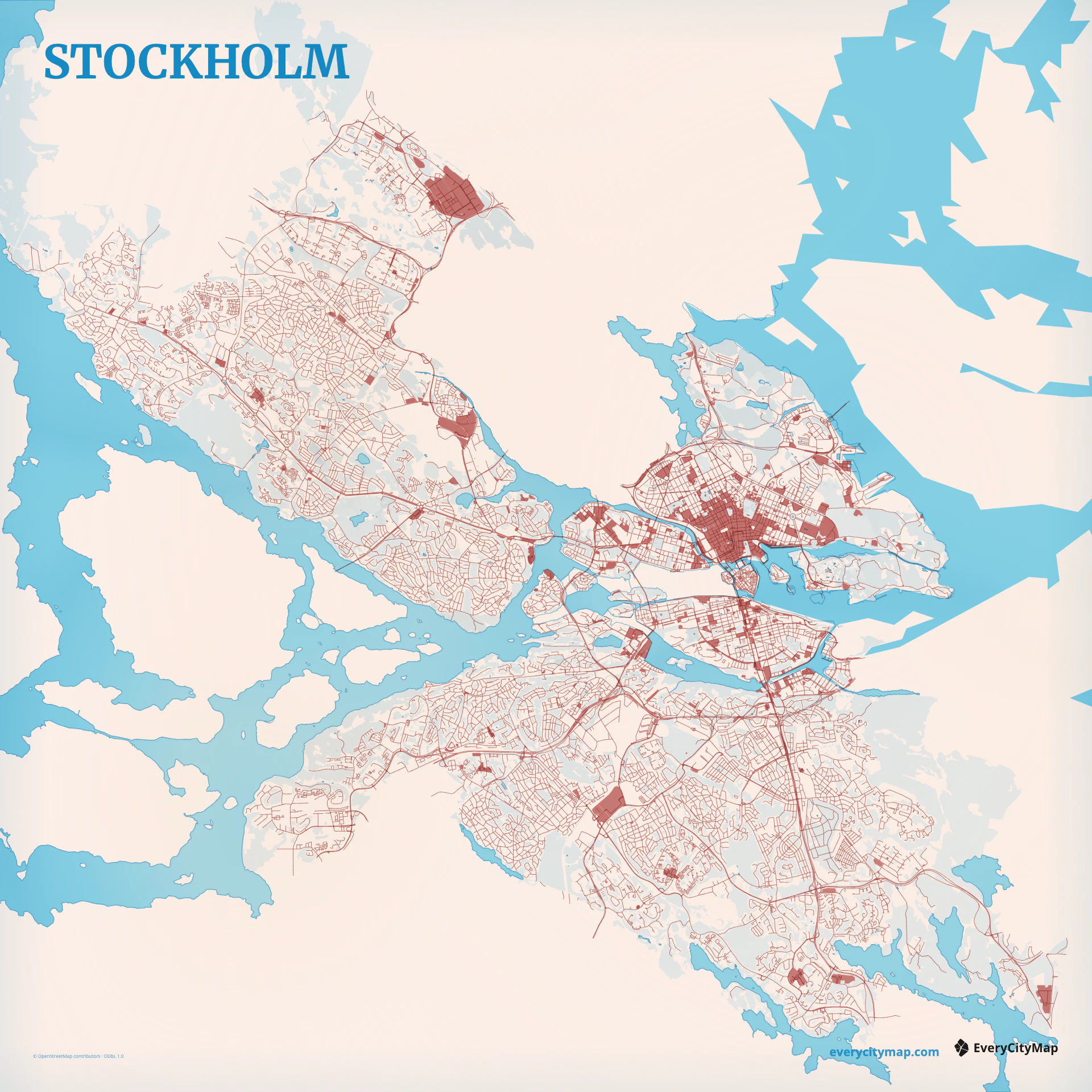 Stockholm map showing central islands, Lake Mälaren channels, bridges, shoreline roads, and archipelago edge