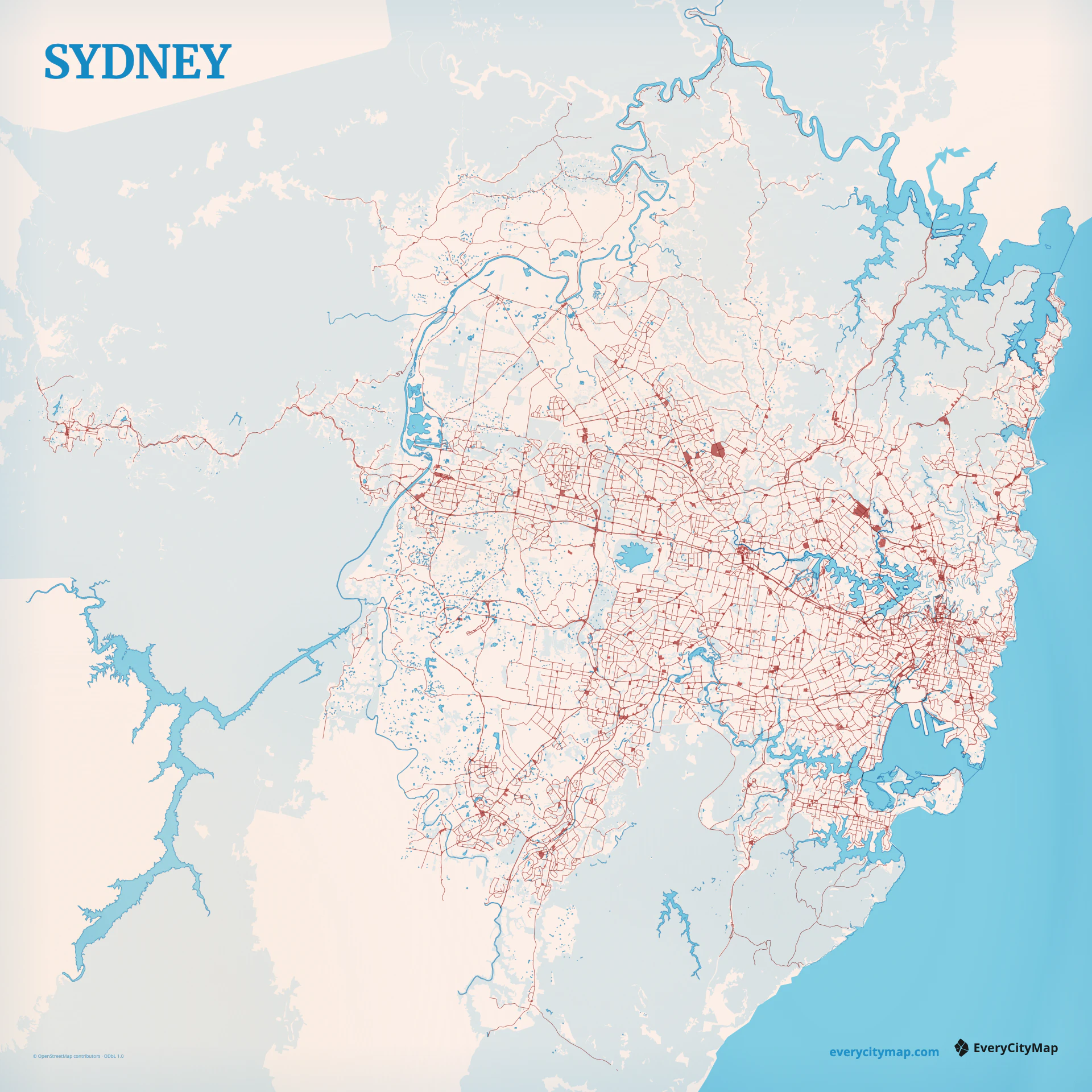 Sydney map with branching harbor, bays, coast, and bridges