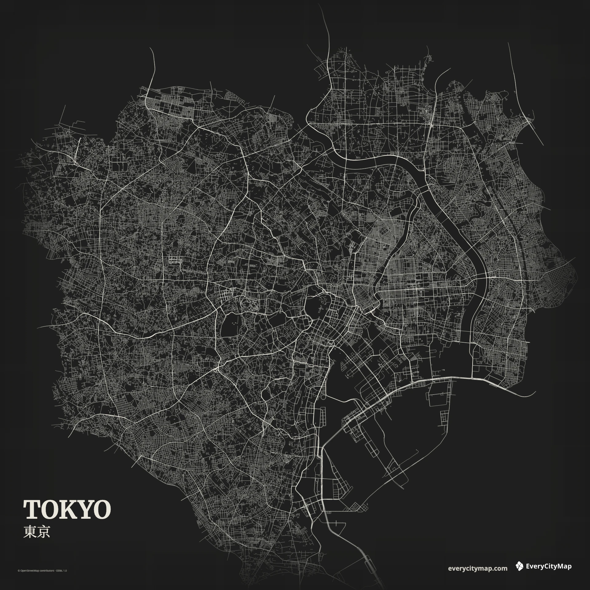 Tokyo map showing Tokyo Bay, rivers, and the dense metropolitan network