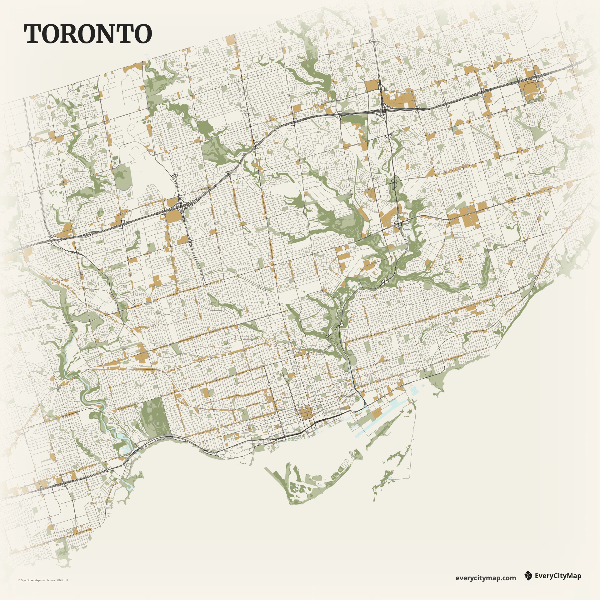 Toronto map with Lake Ontario, grid, ravines, and harbor
