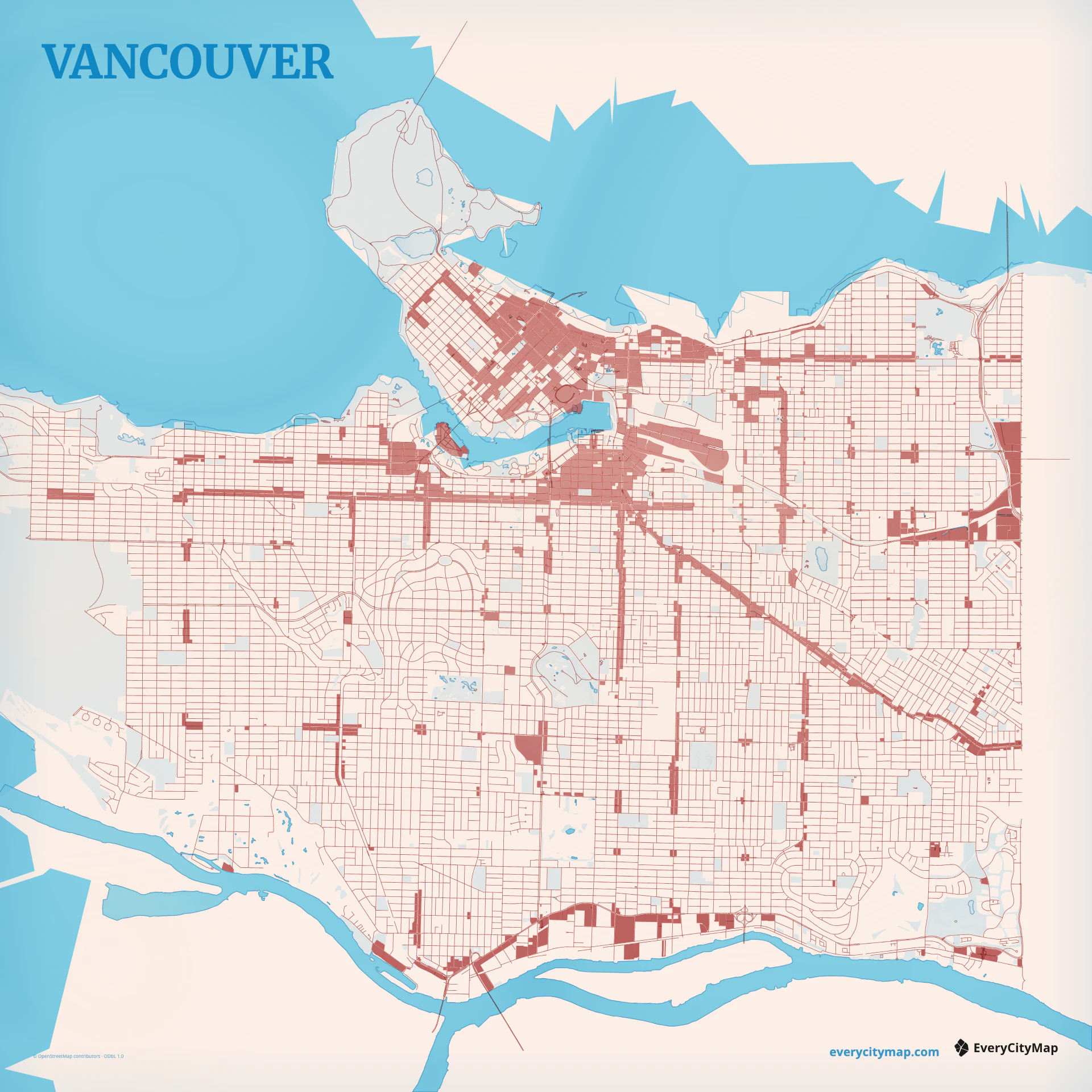 Vancouver map showing Burrard Inlet, peninsula grid, Fraser River, parks, and mountain edge