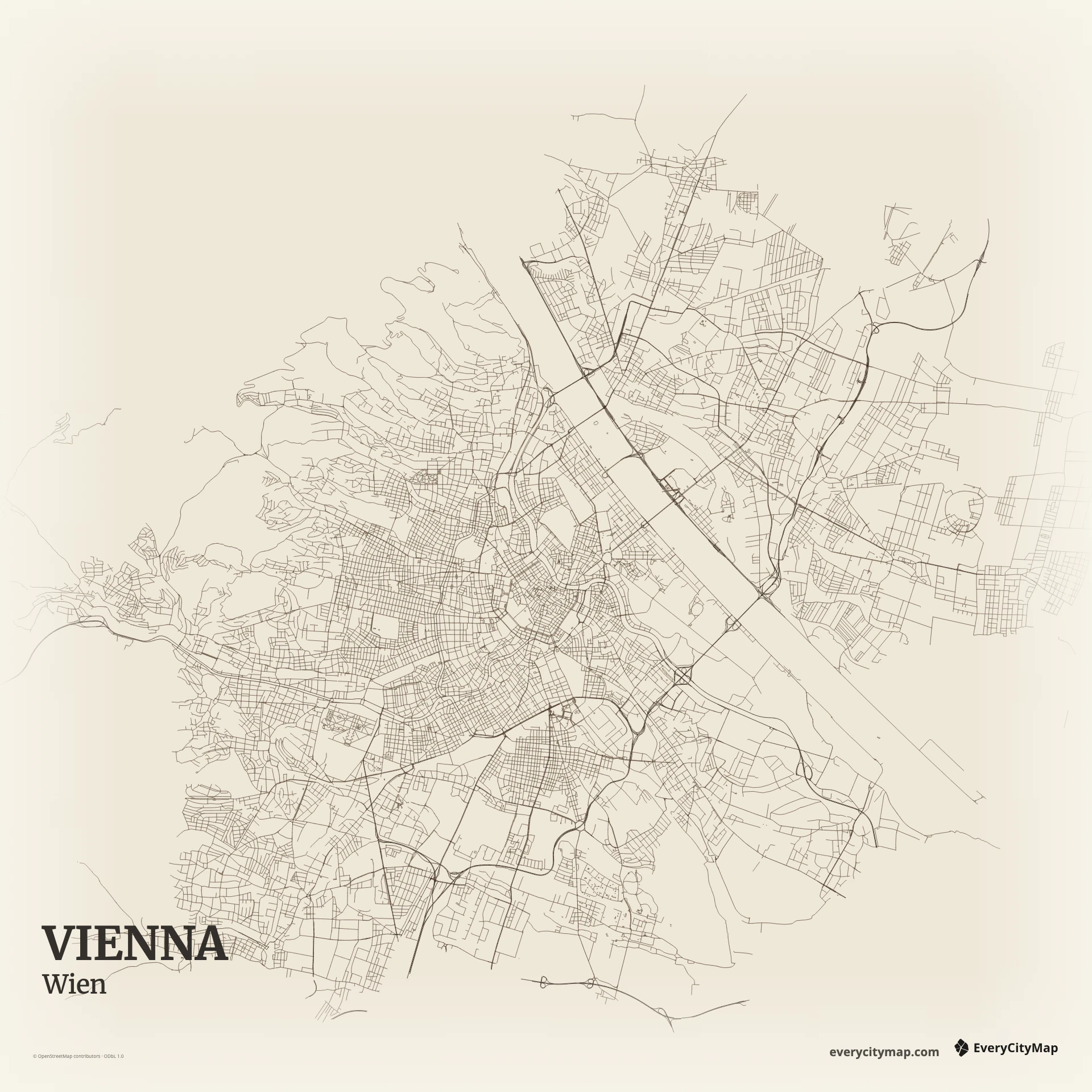 Vienna map showing Ringstrasse, radial avenues, Danube channels, parks, and layered districts